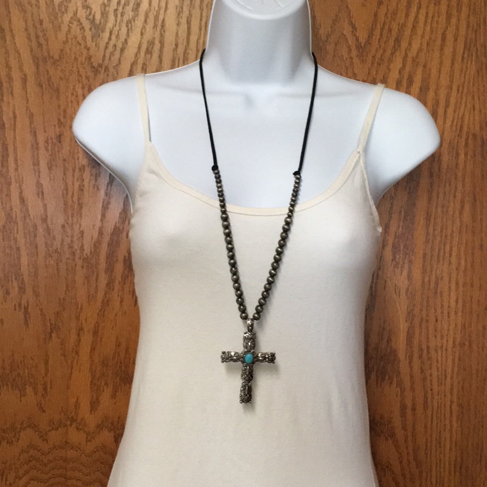Long Western cross necklace on leather chain